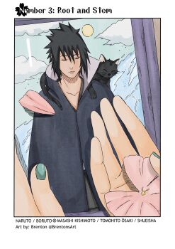 absurdres artist_name black_cat black_cloak brentonsart cat cloak closed_eyes cloud copyright_logo flower frown green_nails haruno_sakura highres holding holding_flower logo naruto:_the_last naruto_(series) petals photo_(object) sun uchiha_sasuke