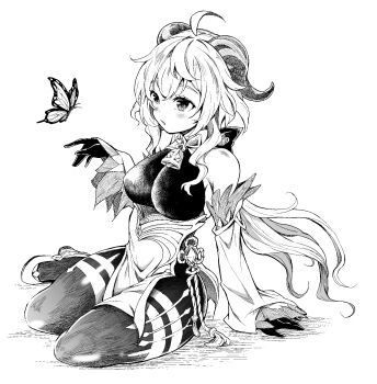 1girl ahoge bare_shoulders bell breasts bug butterfly commentary detached_sleeves ganyu_(genshin_impact) genshin_impact gloves greyscale highres horns insect large_breasts long_hair monochrome neck_bell parted_lips shiiba_aki sidelocks simple_background sitting sleeveless_bodystocking solo white_background yokozuwari