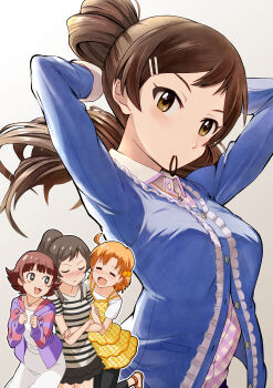 3girls :3 absurdres ahoge arms_up beads birthday black_pantyhose blue_jacket blunt_bangs blush blush_stickers breasts brown_eyes brown_hair clenched_hands closed_eyes closed_mouth cowboy_shot crossed_arms dot_nose dress gradient_background grey_background hair_beads hair_ornament hairband hairclip hand_on_another&#039;s_arm hands_up high_ponytail highres holding holding_hairband idolmaster idolmaster_million_live! idolmaster_million_live!_theater_days jacket jewelry kitazawa_shiho kitazawa_shiho_(private_dress) layered_dress long_hair long_sleeves looking_at_another looking_at_viewer looking_to_the_side medium_breasts medium_hair mouth_hold multicolored_shirt multiple_girls multiple_views necklace noborinosato nonohara_akane official_alternate_costume official_alternate_hairstyle open_clothes open_jacket open_mouth orange_hair pantyhose pink_shirt ponytail purple_jacket red_hair shirt short_hair short_sleeves sidelocks sleeveless sleeveless_dress solo_focus sparkling_eyes striped_clothes striped_shirt tying_hair undershirt upper_body white_dress white_shirt yabuki_kana yellow_dress