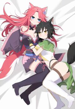 2girls absurdres animal_ears black_hair blue_eyes boots commission commissioner_upload fox_archer_(sakura_dungeon) fox_ears fox_girl fox_tail grabbing_another&#039;s_breast groping hand_on_another&#039;s_arm highres hsk10107 japanese_clothes kimono multiple_girls non-web_source on_bed pink_hair sakura_dungeon smile sweatdrop tail thigh_boots yellow_eyes yomi_(sakura_dungeon) yuri
