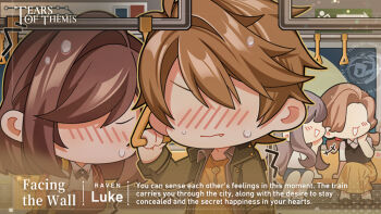 1boy 3girls bag black_vest blue_skirt blush character_name chibi closed_mouth commentary embarrassed english_commentary english_text faceless fang green_jacket holding holding_bag indoors jacket jewelry key long_skirt long_sleeves luke_pearce_(tears_of_themis) medium_hair multiple_girls necklace no_mouth official_art open_mouth red_jacket rosa_(tears_of_themis) shirt short_hair sitting skirt smile subway tears_of_themis vest white_shirt yellow_shirt yellow_skirt