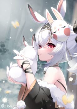 1girl :o absurdres animal animal_ears artist_name azur_lane backlighting black_bow black_choker black_kimono blurry blurry_background blush bow bracelet bug butterfly chinese_commentary choker commentary_request crossed_bangs fake_animal_ears flower from_side fur-trimmed_kimono fur_trim grass hair_bow hands_up highres holding holding_animal insect japanese_clothes jewelry kimono laffey_(azur_lane) laffey_ii_(azur_lane) laffey_ii_(lady_laffey's_languid_tour)_(azur_lane) leaf leaf_print lens_flare long_hair looking_at_viewer looking_to_the_side mask mask_on_head official_alternate_costume parted_lips plant pom_pom_(clothes) rabbit rabbit_ears rabbit_mask rabbit_ornament red_eyes solo twintails very_long_hair white_hair white_rabbit_(animal) wide_sleeves z-wumi