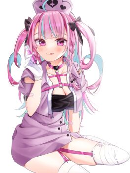 1girl ahoge black_bow blue_streaks bow commentary_request dress gloves hair_bow hat highres holding holding_syringe hololive hosimiya_yume minato_aqua multicolored_hair nurse nurse_cap pink_dress pink_garter_straps pink_hair pink_hat purple_eyes smile solo streaked_hair syringe thighhighs tongue tongue_out virtual_youtuber white_gloves white_thighhighs