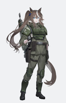 1girl absurdres ammunition_belt ammunition_pouch animal_ears astra_militarum bedroll blue_eyes brown_hair bulletproof_vest directed-energy_weapon echj energy_gun energy_weapon gloves gun handgun highres horse_ears horse_girl laser_gun laser_weapon lasgun long_hair military military_combat_uniform military_uniform pistol pouch rifle smile soldier tail warhammer_40k weapon weapon_on_back white_background
