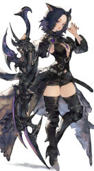Rule 34 | 1girl, animal ears, black footwear, black nails, black shorts, blue hair, boots, breasts, cat ears, cat girl, cat tail, cleavage cutout, clothing cutout, commentary, commission, facial mark, final fantasy, final fantasy xiv, full body, highres, kemomin nosuke, medium breasts, miqo&#039;te, open mouth, paw pose, purple eyes, short hair, shorts, simple background, skeb commission, solo, sword, tail, thigh boots, warrior of light (ff14), weapon, whisker markings, white background