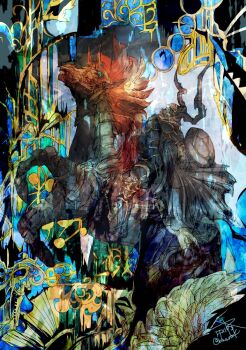 1boy armor barding black_armor black_cape black_horse buckler cape commentary copyright_name fake_horns final_fantasy final_fantasy_xiv helmet horned_helmet horns horse horseback_riding odin_(final_fantasy) rearing riding ruka_(blueplus84) shield sleipnir_(final_fantasy) twitter_username