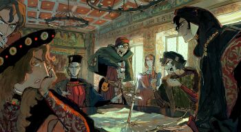 2girls 5boys absurdres angry black_hair blue_eyes bonnieincitiy brown_hair clothing_request commentary crying earrings english_commentary hat highres jewelry map multiple_boys multiple_girls orange_hair original sword teeth weapon