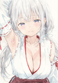 commentary_request detached hakama highres japanese_clothes low nontraditional presenting ribbon ribbon-trimmed sleeveless sweatdrop upper yoru_(watercolor_artist)