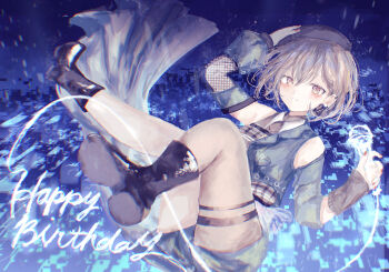 1girl absurdres bang_dream! bang_dream!_it&#039;s_mygo!!!!! beret black_boots blue_shirt blue_shorts blush boots brown_eyes closed_mouth commentary detached_sleeves ear_piercing earrings falling_petals grey_arm_warmers grey_hair grey_hat hair_between_eyes happy_birthday hat highres holding holding_microphone jewelry latte_bf looking_at_viewer microphone nail_polish petals piercing red_nails shirt short_hair shorts solo takamatsu_tomori thigh_strap