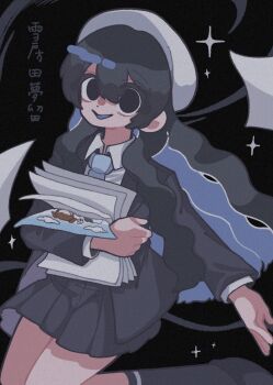 1girl beret berryice_1515 black_eyes black_hair black_jacket black_skirt blazer blue_mouth blue_necktie character_name empty_eyes film_grain foot_out_of_frame hat highres hugging_object jacket kimi_no_koto_ga_dai_dai_dai_dai_daisuki_na_100-nin_no_kanojo leg_up long_hair necktie open_mouth outstretched_arm outstretched_hand paper_stack papers pleated_skirt school_uniform shirt skirt solo sparkle wavy_hair white_hat white_shirt zetsubouda_meru