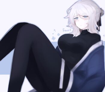 1girl :| absurdres alternate_costume black_pants black_pantyhose black_ribbon black_shirt blade_lineage_(identity)_(project_moon) blue_eyes blush_stickers breasts character_name closed_mouth commentary english_commentary faust_(project_moon) fufiich hair_bun hair_ornament hair_ribbon highres japanese_clothes kimono limbus_company looking_at_viewer medium_breasts medium_hair open_clothes open_kimono pants pantyhose project_moon ribbon scar scar_across_eye scar_on_face shirt simple_background sitting turtleneck turtleneck_shirt undershirt white_hair