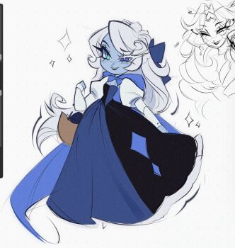 2girls 8042_new blue_dress blue_skin colored_skin commentary cookie_run cookie_run:_kingdom dress english_commentary eternal_sugar_cookie heterochromia highres long_hair looking_at_viewer multiple_girls piemy shadow_milk_cookie shadow_milk_cookie_(female) slit_pupils smile solo very_long_hair white_hair