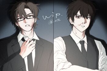 2boys ace_of_diamond adjusting_clothes adjusting_necktie black_jacket black_necktie blood blood_on_face brown_eyes brown_hair closed_mouth collared_shirt commentary_request highres jacket looking_at_another male_focus miyuki_kazuya multiple_boys necktie nosebleed rectangular_eyewear sawamura_eijun semi-rimless_eyewear shirt short_hair suit_jacket teeth twitter_username under-rim_eyewear upper_body vest waistcoat white_shirt x17