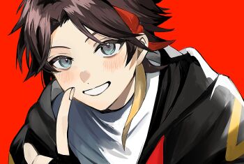 1boy 8dai black_jacket blue_eyes blush brown_hair commentary grin hashtag-only_commentary highres index_finger_raised jacket looking_at_viewer male_focus multicolored_hair nijisanji open_clothes open_jacket parted_bangs portrait red_background saegusa_akina saegusa_akina_(1st_costume) simple_background smile solo streaked_hair virtual_youtuber