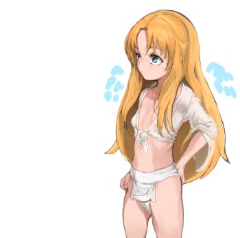 1girl absurdres blonde_hair blue_eyes breasts expressionless filo_(tate_no_yuusha_no_nariagari) fundoshi hand_on_own_ass highres japanese_clothes loli long_hair mamimi_(mamamimi) midriff navel no_pants open_clothes open_shirt shirt simple_background small_breasts solo tate_no_yuusha_no_nariagari thighs underwear underwear_only white_background white_shirt