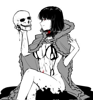 1girl blood blood_on_breasts breasts cape ciel_(tsukihime) cloak commentary_request convenient_censoring crest crossed_legs evil_smile haman_0110 highres holding holding_skull huge_breasts korean_commentary looking_at_viewer michael_roa_valdamjong monochrome naked_cape naked_cloak pool_of_blood possessed red_eyes roa-ciel sitting skull smile tsukihime tsukihime_(remake) vampire