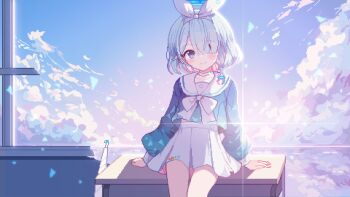 1girl arona_(blue_archive) blue_archive blue_eyes blue_hair cloud commentary hair_over_one_eye halo highres pixel_art skirt solo tinia_etru white_skirt