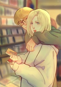 Rule 34 | 1boy, 1girl, annie leonhart, arm around shoulder, armin arlert, blonde hair, blue eyes, blurry, blurry background, cd, commentary, contemporary, couple, glasses, gofuzen, grey hoodie, hetero, highres, holding cd, hood, hoodie, indoors, looking at viewer, medium hair, parted lips, record store, red lips, shingeki no kyojin, shop, short hair, symbol-only commentary, twintails, upper body, white hoodie