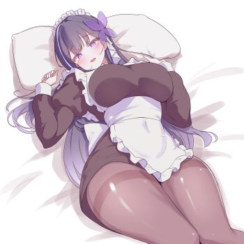 1girl absurdres apron black_dress blue_hair blush breasts brown_pantyhose butterfly_hair_ornament commentary_request cowboy_shot dress hair_ornament head_on_pillow highres indie_virtual_youtuber juliet_sleeves large_breasts long_hair long_sleeves looking_at_viewer lying maid maid_headdress mimyo_(vtuber) multicolored_hair on_back open_mouth pantyhose pillow puffy_sleeves purple_eyes purple_streaks rapid17 single_hair_streak smile solo streaked_hair thighband_pantyhose thighs virtual_youtuber waist_apron white_apron