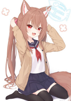 1girl animal_ears black_thighhighs brown_hair cardigan commentary_request highres long_hair neckerchief open_cardigan open_clothes original pleated_skirt rade_(rade_552) red_eyes red_neckerchief sailor_collar school_uniform serafuku sitting skirt smile solo tail thighhighs twintails wolf_ears wolf_girl wolf_tail