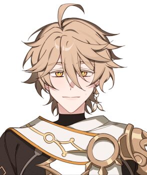 1boy aether_(genshin_impact) ahoge armor blonde_hair brown_eyes brown_shirt closed_mouth commentary earrings english_commentary genshin_impact gold_trim hair_between_eyes highres huge_ahoge jewelry lips looking_at_viewer majunjuu male_focus scarf shirt short_hair short_sleeves shoulder_armor single_earring solo turtleneck turtleneck_shirt upper_body white_scarf yellow_pupils