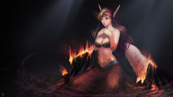 1girl black_wings breasts burning circlet cleavage female_focus fire highres instant_ip league_of_legends lips long_hair md5_mismatch medium_breasts morgana_(league_of_legends) pointy_ears purple_hair red_eyes sitting solo wings