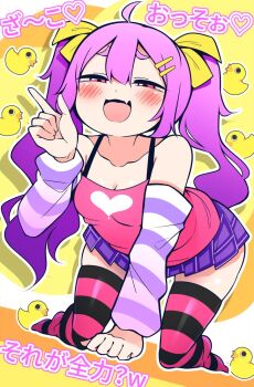 1girl ahoge arm_warmers blush breasts cleavage commentary fang hair_ornament hair_ribbon hairclip heart kuroishimebo long_hair mesugaki narrowed_eyes open_mouth pink_hair pink_shirt red_eyes ribbon rubber_duck shirt skin_fang skirt smile smug striped_arm_warmers striped_clothes striped_thighhighs sugaki_mary thighhighs thighs translation_request twintails zako_no_ahiru