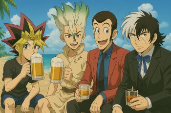 ai-generated alcohol arsene_lupin_iii beach beer black_jack black_jack_(character) black_jack_(series) crossover dr._stone ishigami_senkuu lupin_iii smile whiskey yami_yugi yu-gi-oh!