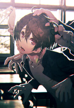 1boy adam's_apple ahoge backlighting bishounen black_jacket bloom blurry blurry_background brown_eyes brown_hair chair chromatic_aberration classroom collarbone commentary_request cowboy_shot desk earrings feet_out_of_frame furrowed_brow gakuran glint grabbing_from_behind hair_between_eyes hand_on_another's_cheek hand_on_another's_face hand_on_another's_head hands_up highres holding holding_another's_wrist holding_scissors imminent_gangbang imminent_rape indoors jacket jewelry looking_at_viewer male_focus naked_jacket open_clothes open_jacket open_mouth original out-of-frame_censoring photo_background rejoys school school_chair school_desk school_uniform scissors sidelocks solo_focus surrounded_by_hands teeth upturned_eyes window yaoi