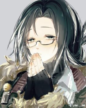 1girl arknights bags_under_eyes bird_girl black_gloves black_hair blush coat commentary_request deep.au feather_hair fingerless_gloves fur_trim glasses gloves green_coat long_hair looking_at_viewer messy_hair multicolored_hair own_hands_together scar scar_on_hand simple_background snegurochka_(arknights) solo turtleneck two-tone_hair white_background white_hair