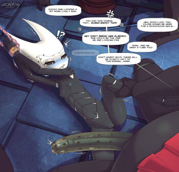 1girl 3boys absurdres arms_up arthropod_girl black_sclera black_skin chained_wrists cloak colored_sclera colored_skin completely_nude english_text flat_chest highres hollow_knight hollow_knight:_silksong horned_mask hornet_(hollow_knight) huge_penis imminent_penetration imminent_rape imminent_vaginal mask multiple_boys navel needle_(hollow_knight) nipples nude penis pussy red_cloak roadiesky solo_focus speech_bubble trembling white_mask