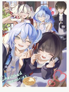 1boy 4girls abby_(wuthering_waves) absurdres armlet bare_shoulders black_flower black_hair blake_bloom_(wuthering_waves) blue_hair blue_veil buling_(wuthering_waves) cafe cake camellya_(wuthering_waves) chigusa7h chisa_(wuthering_waves) closed_eyes closed_mouth collarbone commentary_request cream cream_on_face double_finger_heart dress english_text finger_heart flower food food_on_face grey_eyes grey_shirt hair_between_eyes hair_flower hair_ornament hair_ribbon hair_vines hand_up highres indoors jewelry latte_art long_hair looking_at_viewer male_rover_(wuthering_waves) multiple_girls namipon_(wuthering_waves) one_eye_closed open_mouth red_pupils red_ribbon ribbon rover_(wuthering_waves) sailor_collar shirt shorekeeper_(wuthering_waves) short_hair short_twintails smile thumbs_up twintails two-tone_veil veil white_dress white_hair white_sailor_collar white_veil wuthering_waves yellow_eyes