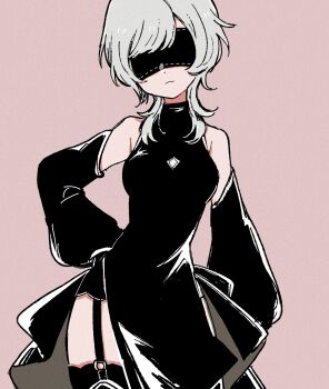 Rule 34 | 10h (nier reincarnation), 1girl, black dress, blindfold, closed mouth, commentary request, cowboy shot, detached sleeves, dress, facing viewer, garter straps, grey hair, hand on own hip, highres, light smile, long sleeves, medium hair, nier, nier (series), nier reincarnation, nmiznm, pink background, solo, wide sleeves, wolf cut