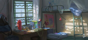 artist_name backpack bag bed bedroom blanket blinders blue_sky bottle building bunk_bed chinese_commentary city commentary_request curtains day desk highres indoors ladder logo notebook open_window original pen photo_(object) pillow poster_(object) scenery shoulder_bag sky skyscraper water_bottle window zimuyu_zim