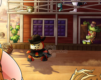 alternate_color apron artist_name black_cape black_hat black_jacket bombirdier bramblin building cape closed_mouth clothed_pokemon colored_sclera commentary cowboy_hat cowboy_western english_commentary fuecoco gen_3_pokemon gen_5_pokemon gen_8_pokemon gun hat holster jacket legendary_pokemon ludicolo maractus meloetta meloetta_(aria) mythical_pokemon nintendo nostrils open_mouth outdoors pokemon pokemon_(creature) pokemon_focus saloon_doors scared shiny_pokemon silicobra thecalendork tooth tumbleweed watermark weapon white_apron window yellow_eyes yellow_sclera