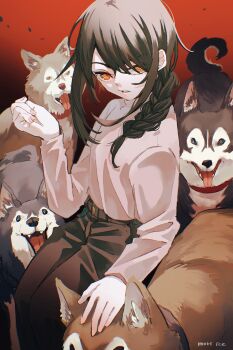 Rule 34 | 1girl, absurdres, animal, artist name, black hair, black pants, braid, chainsaw man, dog, gradient background, hand up, highres, husky, ice morinaka, long bangs, long hair, long sleeves, nayuta (chainsaw man), open mouth, pants, pink shirt, ringed eyes, shirt, single braid, teeth, upper teeth only, yellow eyes