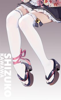 1girl blue_archive character_name chinese_commentary commentary_request dress floral_print frilled_dress frills highres lower_body okobo painterliuhao platform_sandals sandals shizuko_(blue_archive) solo tabi thighhighs white_thighhighs