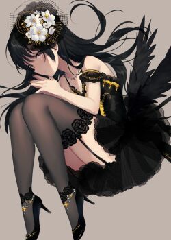 1girl achiki bad_id bad_twitter_id black_dress black_footwear black_hair black_nails black_thighhighs dress female_focus floating_hair flower full_body garter_straps grey_background grey_eyes hair_between_eyes hair_flower hair_ornament high_heels jewelry long_hair looking_at_viewer nail_polish necklace original pump short_dress simple_background sleeveless sleeveless_dress solo thighhighs white_flower