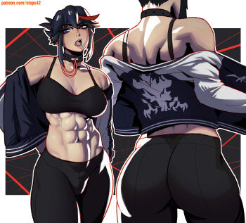 1girl abs ass bare_shoulders black_background black_bra black_choker black_hair black_jacket black_pants blue_eyes blush border bra breasts choker collarbone cowboy_shot earclip earrings eyelashes from_behind highres jacket jacket_partially_removed jewelry kill_la_kill large_breasts looking_to_the_side matoi_ryuuko muscular muscular_female navel nose open_mouth outline pants patreon_username red_streaks short_hair sidelocks stomach stopu teeth tongue underwear white_border white_outline white_sleeves