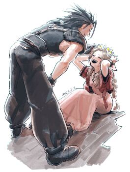 1boy 1girl aerith_gainsborough armor baggy_pants bent_over black_gloves black_hair boots braid braided_ponytail brown_hair closed_eyes commentary_request couple crisis_core:_final_fantasy_vii dated dress facing_another final_fantasy final_fantasy_vii final_fantasy_vii_remake flower full_body gloves hair_ribbon head_wreath hetero highres jacket long_hair open_clothes open_jacket open_mouth pants parted_bangs pink_dress pink_ribbon ponytail red_jacket ribbon shoulder_armor shuumai_1022 simple_background sitting sleeveless sleeveless_turtleneck smile spiked_hair standing sweater turtleneck turtleneck_sweater white_background yellow_flower zack_fair