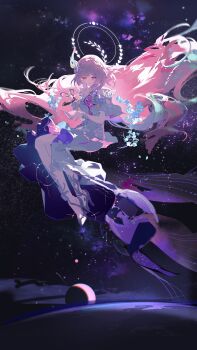 1girl absurdly_long_hair absurdres amphoreus_(honkai:_star_rail) aqua_eyes bare_shoulders closed_mouth commentary_request cyrene_(honkai:_star_rail) cyrene_(ripples_of_past_reverie)_(honkai:_star_rail) detached_sleeves dress flower full_body hair_flower hair_ornament high_heels highres honkai:_star_rail honkai_(series) long_hair pink_hair rafaelaaa shoes short_sleeves smile solo very_long_hair white_dress