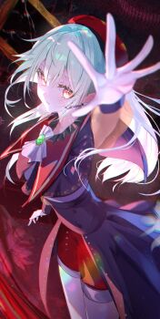 Rule 34 | 1girl, absurdres, ascot, bang dream!, bang dream! it's mygo!!!!!, beret, black capelet, black skirt, capelet, chromatic aberration, commentary, earrings, gem, glint, green gem, green hair, hand up, hat, highres, jewelry, long hair, long sleeves, looking at viewer, mortis (bang dream!), mortis (costume) (bang dream!), parted lips, red hat, red shorts, see-through clothes, see-through sleeves, shorts, shorts under skirt, showgirl skirt, skirt, solo, untranslatable commentary, wakaba mutsumi, white ascot, white garand, yellow eyes