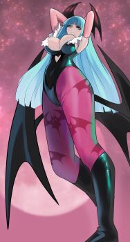 1girl animal_print arms_behind_head bare_shoulders bat_print bat_wings breasts bridal_gauntlets capcom cleavage darkstalkers demon_girl green_eyes green_hair head_wings highleg highleg_leotard highres large_breasts leotard long_hair looking_at_viewer looking_down meke_(77842928) morrigan_aensland pantyhose pink_background print_pantyhose purple_pantyhose smile solo wings