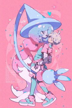 1boy 1girl ahoge bede_(pokemon) black_sclera blush closed_mouth colored_sclera colored_skin commentary_request curly_hair elbow_pads gen_8_pokemon gloves hat hatterene heart highres kawasaki_(kwsk_8765) layered_sleeves leggings leggings_under_shorts long_sleeves nintendo one_eye_closed partially_fingerless_gloves pokemon pokemon_(creature) pokemon_swsh purple_eyes shirt short_hair short_over_long_sleeves short_sleeves shorts smile white_skin witch_hat