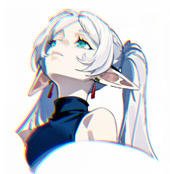 1girl absurdres bare_shoulders black_shirt chromatic_aberration closed_mouth cropped_shoulders earrings elf frieren green_eyes highres jewelry jiangjiangjiangqiu long_hair looking_up meme pointy_ears portrait shirt sleeveless sleeveless_shirt solo sousou_no_frieren teardrop_earrings turtleneck turtleneck_shirt twintails upward_angle_frieren_drawing_(meme) white_background white_hair