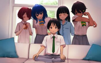 1boy 4girls absurdres black_eyes black_hair blue_bow blue_eyes blue_hair blue_pajamas bow breast_pocket couch cross-body_stretch food-themed_hair_ornament green_bow green_necktie grey_pants grey_skirt hair_ornament highres indoors komari_chika lemon_hair_ornament make_heroine_ga_oo_sugiru! meme multiple_girls necktie nukumizu_kaju nukumizu_kazuhiko on_couch pajamas pants piper_perri_surrounded_(meme) pocket purple_eyes red_bow red_hair shirt short_hair skirt sklt_(swyt8223) tan white_shirt yakishio_lemon yanami_anna yellow_bow