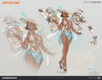Rule 34 | 1girl, absurdres, artist name, bikini, blonde streaks, breast cutout, brown lips, cleavage cutout, clothing cutout, dark-skinned female, dark skin, domina (overwatch), foxo foxo, gold bracer, highres, overwatch, signature, single bracer, solo, swimsuit, twitter username
