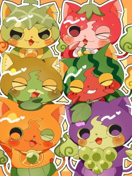 Rule 34 | animal ears, bokarosuki13, budounyan, cat ears, closed eyes, colored skin, commentary request, fire, flame-tipped tail, food, fruit, green fire, green skin, haramaki, highres, ichigonyan, kiwinyan, leaf, looking at viewer, melonnyan, mikannyan, multicolored skin, notched ear, open mouth, orange background, orange fire, orange skin, outline, red skin, simple background, suikanyan, tail, two-tone skin, white outline, youkai (youkai watch), youkai watch, youkai watch 2