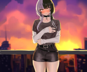 1girl absurdres belt black_belt black_choker black_hair black_nails black_shirt black_shorts blush choker city closed_mouth evening grey_hair highres hololive hololive_english layered_sleeves long_hair long_sleeves looking_at_viewer multicolored_hair nose_blush outdoors shiori_novella shirt short_over_long_sleeves short_shorts short_sleeves shorts solo split-color_hair sunset two-tone_hair virtual_youtuber white_sleeves yellow_eyes yotamono