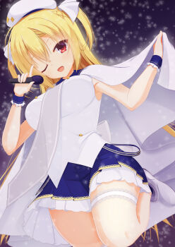 Rule 34 | 1girl, ;d, absurdres, alternate costume, arihara nanami, back bow, beret, blonde hair, blue skirt, blue wrist cuffs, boots, bow, breasts, buttons, cape, cape hold, commentary request, double-breasted, dutch angle, eyes visible through hair, foot out of frame, frilled skirt, frilled wrist cuffs, frills, from below, hair between eyes, hair ribbon, hands up, hat, highres, holding, holding microphone, idol, idol clothes, index finger raised, lace-trimmed thigh strap, large breasts, light blush, long hair, looking at viewer, microphone, miniskirt, one eye closed, open mouth, outdoors, pleated skirt, red eyes, reiji tsukimi, ribbon, riddle joker, shirt, skirt, sleeveless, sleeveless shirt, smile, snowflakes, snowing, solo, standing, standing on one leg, thigh strap, thighs, two side up, very long hair, white boots, white bow, white cape, white hat, white ribbon, white shirt, winter, wrist cuffs